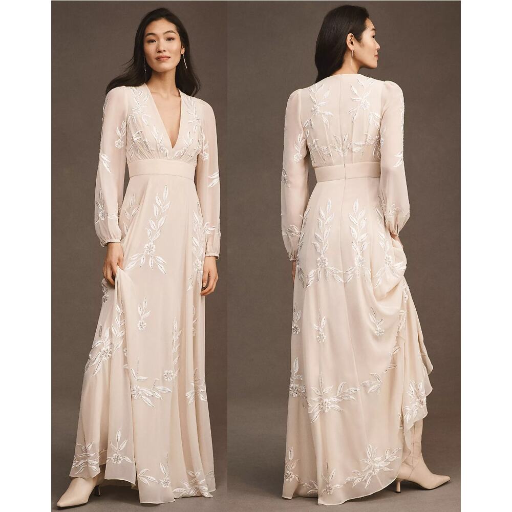 BHLDN Belize Embroidered A-Line Long-Sleeve V-Neck Gown US Size 10